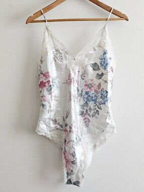 Vintage 80's Delicates Floral Satin Teddy Bodysuit Lace Lingerie Romper S